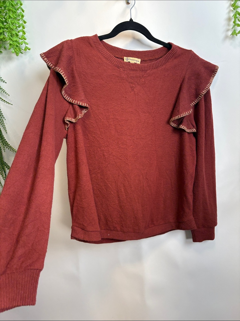 Democracy Ruffle Shoulder Crewneck Sweater - Rust Red